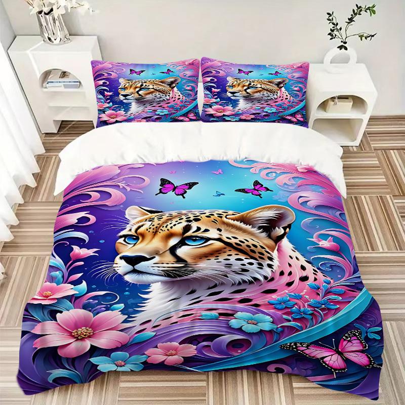 3pcs Cheetah Art Print Bedding Set - 1 Duvet Cover + 2 Pillowcases(Core Not Included), Machine Washable Polyester Yy251216184