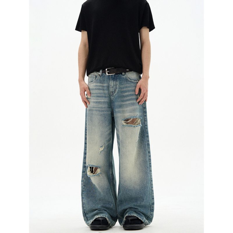 Kisko American Retro Distressed Whiskered Washed Loose Jeans for Men and Women, New Summer Style with Drape Effect