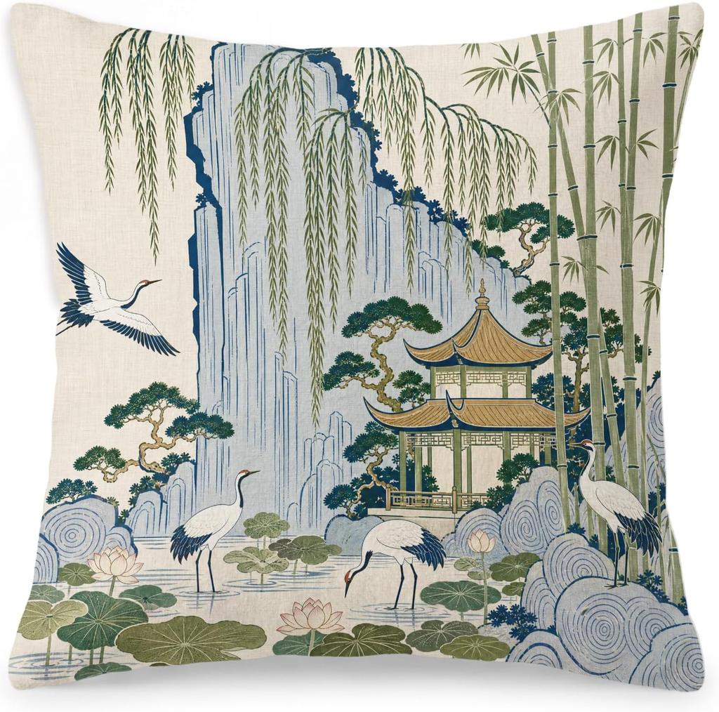 Elegant Asian Landscape Pillow Cover 40x40cm Oriental Chinese Art Bamboo Zen Decor Cushion Home Decor Accent