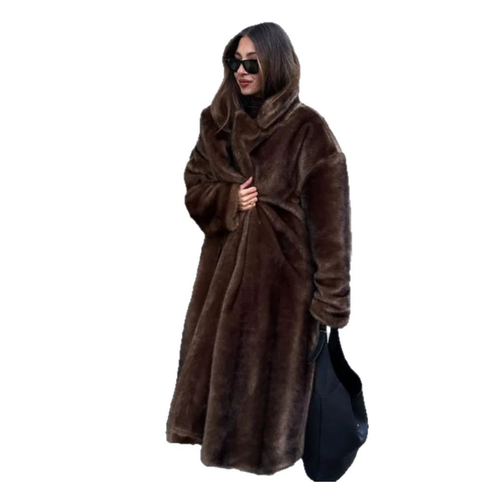 European and American popular imitation mink fur coat lapel loose thickened retro brown plush long coat