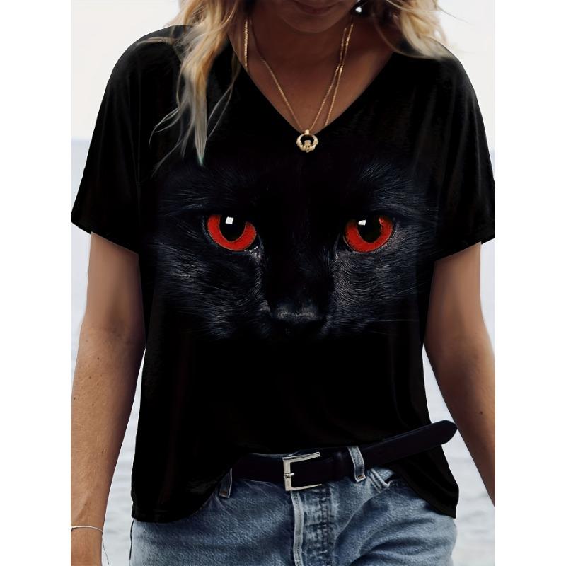 3D Printed Women's T-Shirt Black Cat Short Sleeve Daily Weekend Basic V Neck Regular Suitable for Cat Painting