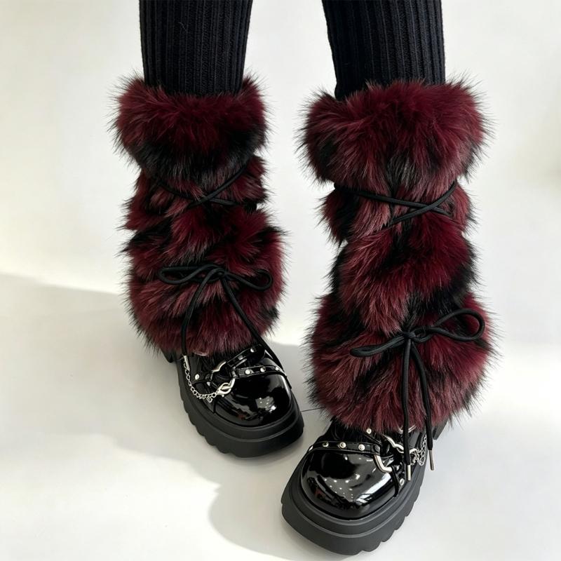 Women's Winter Faux Furs Leg Warmers with Adjustable Crisscross Ties for Textured Cold-Weather Layering and Boot-Top Looks