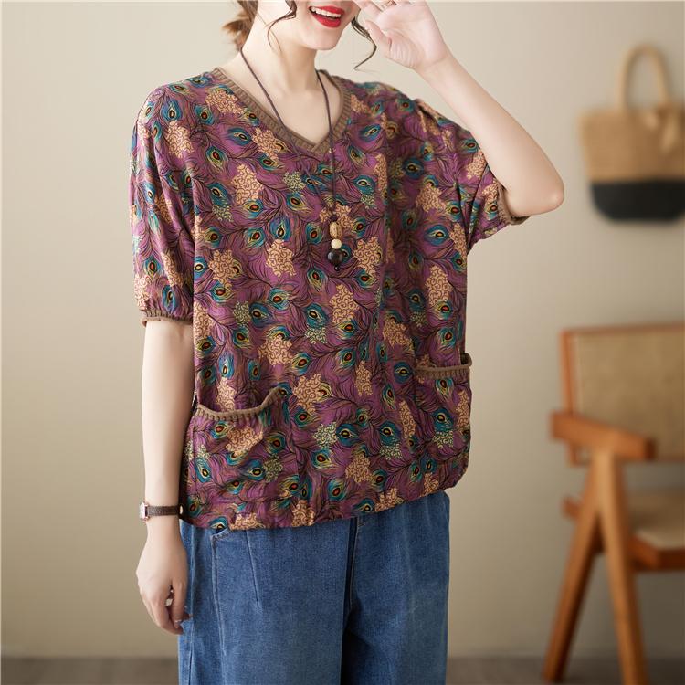 

MOJTA летняя женская вязаная блузка с v-образным вырезом и короткими рукавами с принтом, тонкая хлопковая футболка большого размера one size красный/фиолетовый