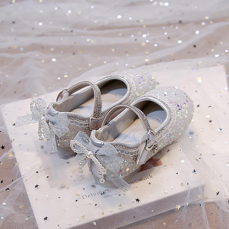 Girls' Rhinestone Sequin Crystal Princess Shoes2026Spring and Autumn Soft Sole Non-Slip Bowknot Solid Color Children's Performance Shoes