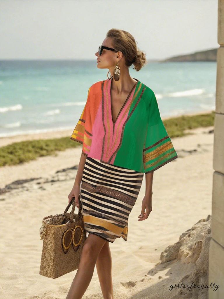 2026 summer European and American new loose printing V-neck women's casual vacation dress