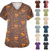 Damen V-Ausschnitt Kurzarm Tasche Medizinischer Kasack Halloween Totenkopf-Print Arbeitsuniformhemd für medizinisches Fachpersonal