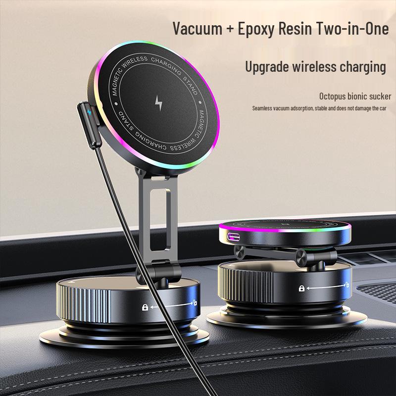 15W Foldable Rotating Alloy Car Wireless Charger with Magnetic Vacuum Suction Phone Holder