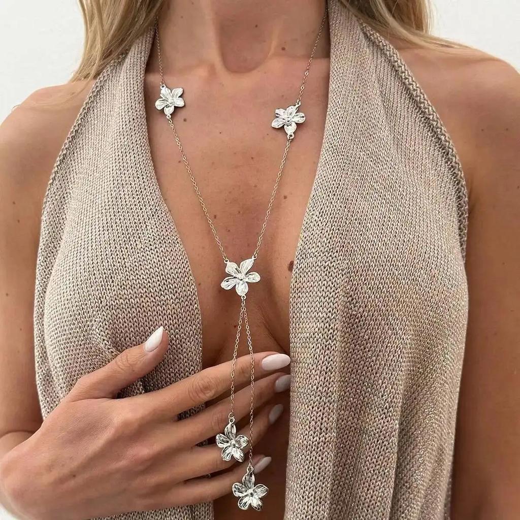 New Vintage Exquisite Y-shaped Flower Pendant Necklace for Women Bohemia Long Tassel Neck Accessories Jewelry Wedding Gifts