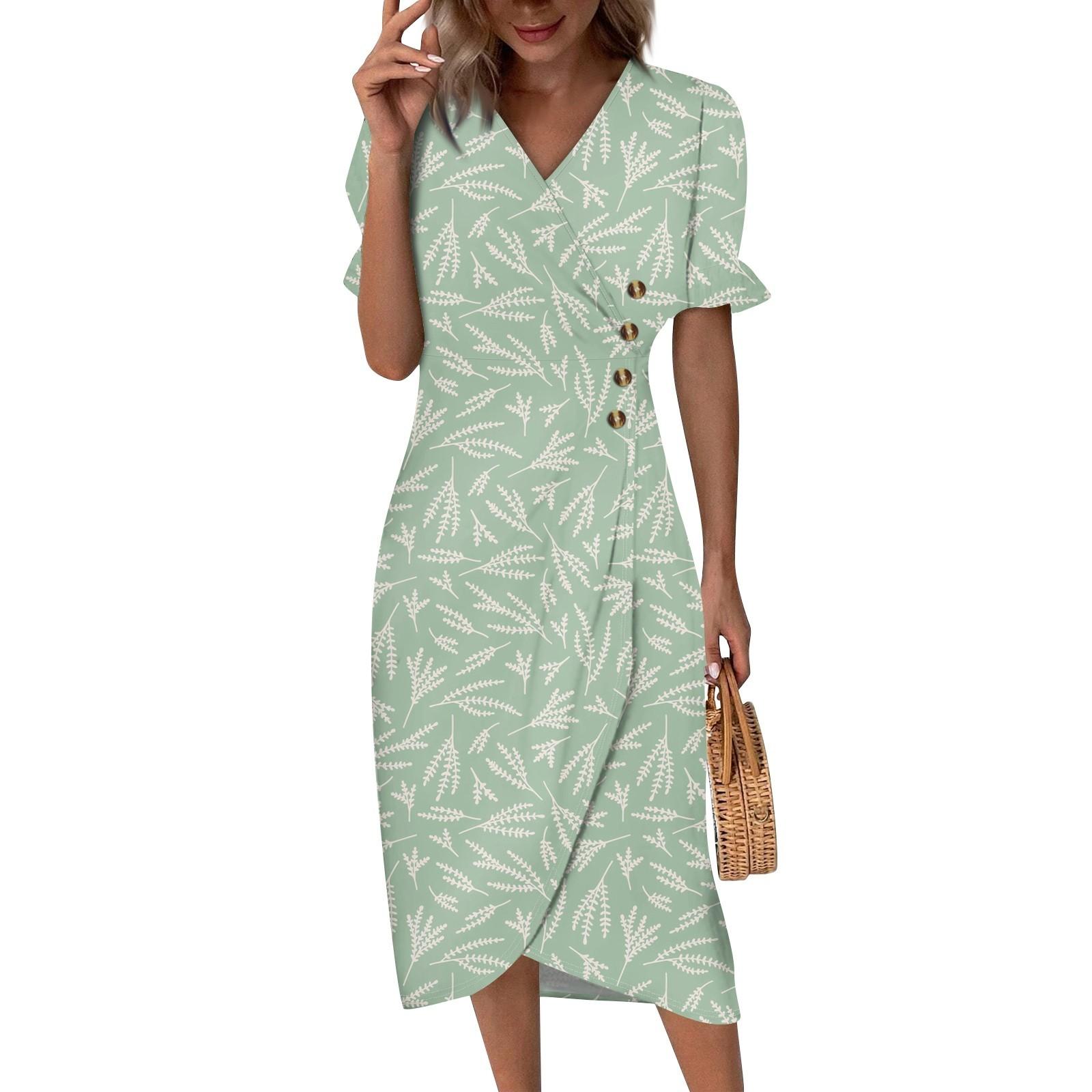 Women s V-neck Puff Sleeve Irregular Flower Print Hem Dress L