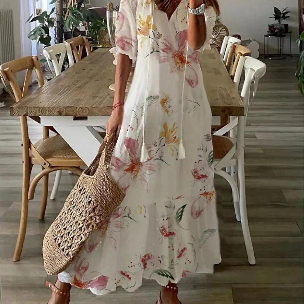 Summer Women V-neck Short Sleeved Long Dress Elegant Flower Printed Women's Loose Dress Bohemian Style Women's Clothing
