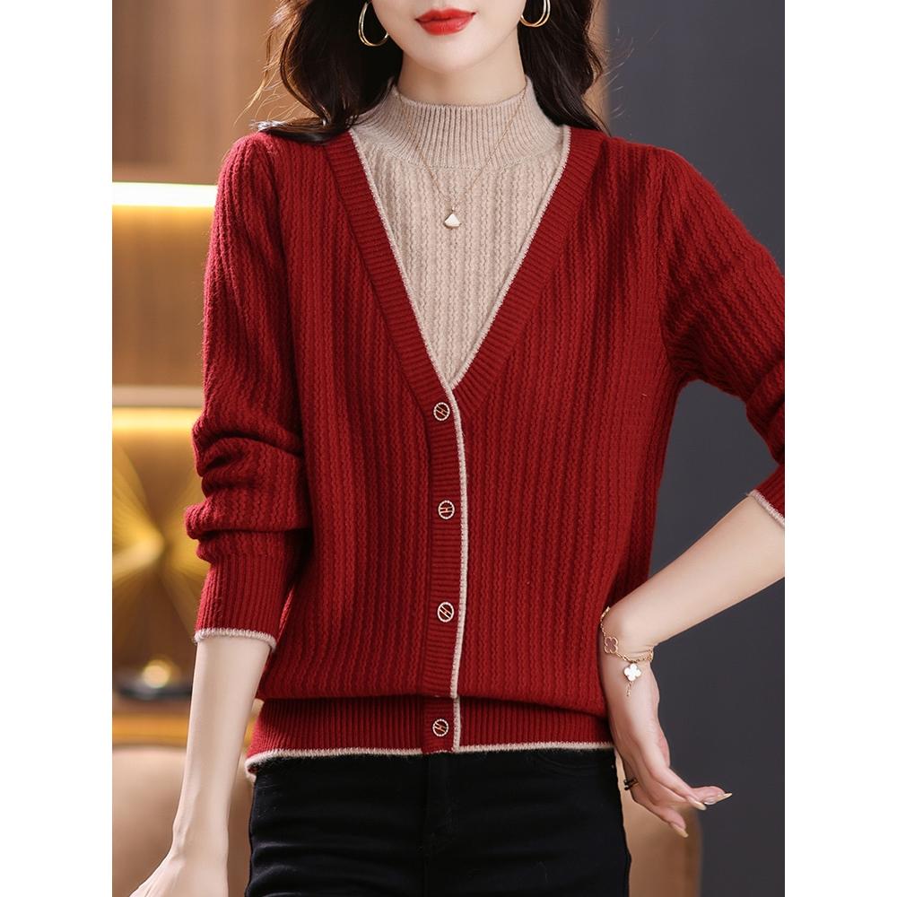 

Женский свитер осень/зима полувысокий ворот утолщенный имитация двух частей цветной блок свободный длинный рукав вязаный свитер 3XL бордовый