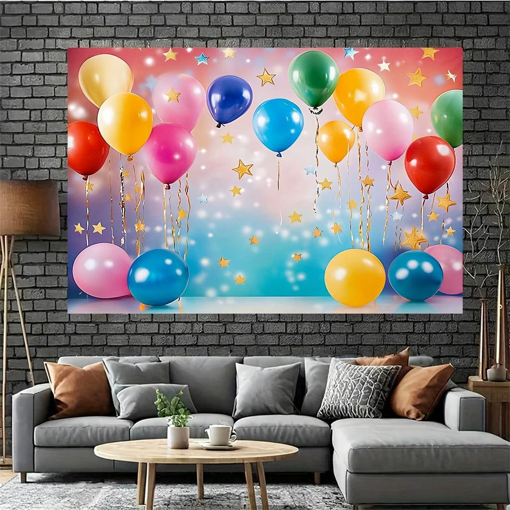 1 polyester fotoachtergrondbanner - met kleurrijke ballon- en stersymbolen, voor verjaardagen en jubilea