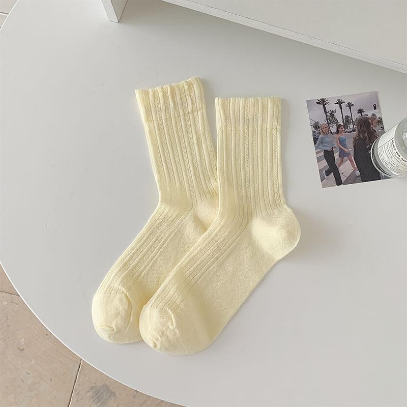 Korean Style Women Socks Summer Cotton Thin Breathable Middle Tube Socks Solid Color White Gray Pink Blue Yellow Long Socks Sox