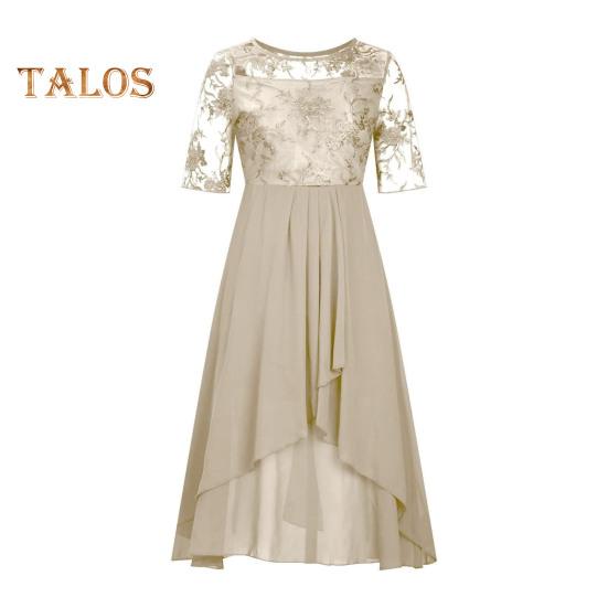 Damen Midikleid mit Blumenspitze, Sommerkleid mit Rundhalsausschnitt, Chiffon, Swing-Kleid, Cocktailkleid, Abendkleid, langes Kleid für Hochzeitsgäste, Brautjungfernparty