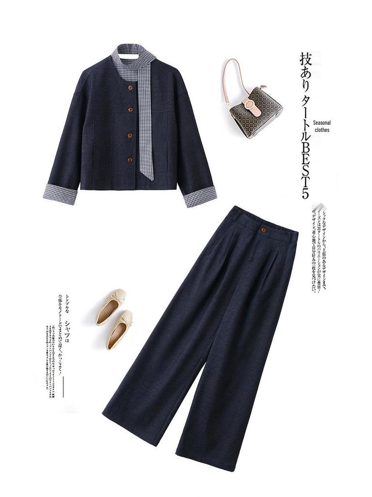 Spring 2025 Women's Fashion: Patchwork Jacket & Trousers Two-Piece Set with Tie