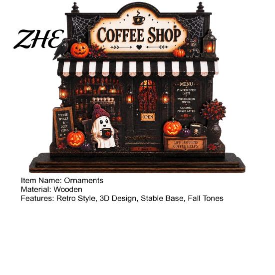 Coffee Lovers Holiday Gifts Wooden Halloween Bar Sign, Fall Harvest Tabletop Decor Plaque with Pumpkin And Ghost Home Cat, Retro Shop Ornament