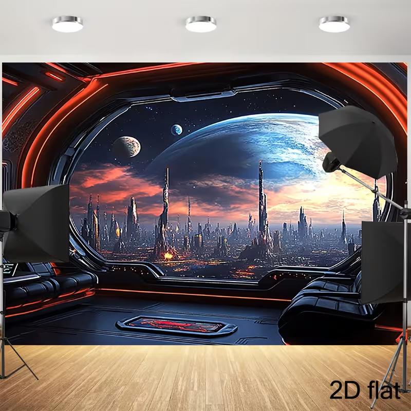 

2D Sci-Fi Spaceship Window with Neon Lights and Space City Backdrop 47.2x31.5inch/120*80cm