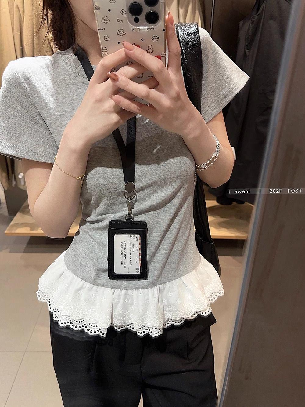 

Женская весенняя футболка 2025 года с кружевной вставкой, коротким рукавом, приталенная, с круглым вырезом L