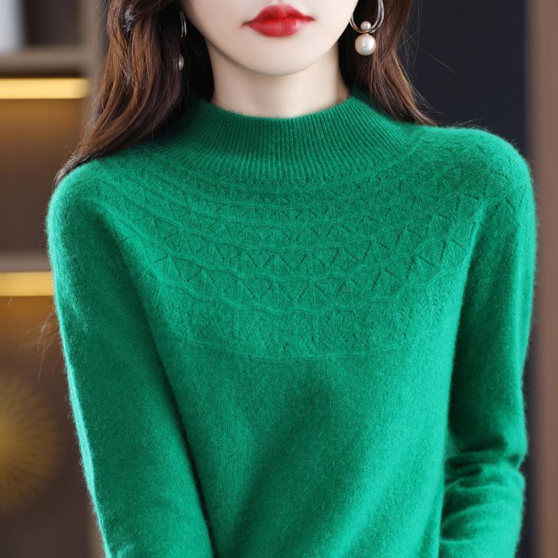 Women's 100% Wool Slimming Cashmere Knit Sweater - Half High Neck, Seamless, Hollow Out Design for Autumn/Winter