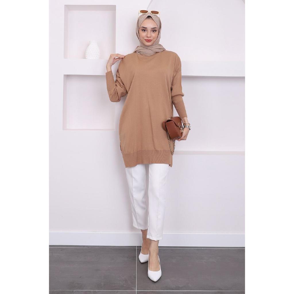 Dark Fuchsia Crew Neck Thin Mercerized Loose Knitwear Tunic