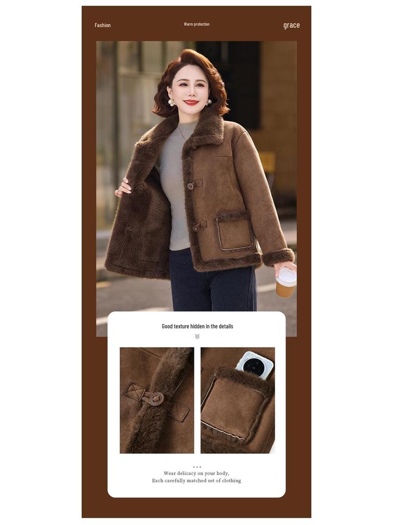 Mature Women's Fur-Lined Lapel Coat, Ages 40-60, Plus Velvet Warm Short Slimming Style