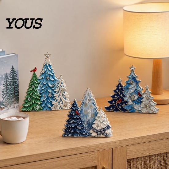 Farmhouse Style Festive Accents 3PCS Wooden Christmas Tree Ornaments, Stable Base Seasonal Figurines, Elegant Winter Atmosphere Decor Plentiful Layers