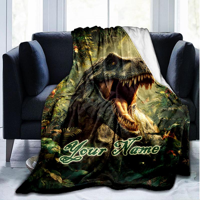 1PC Custom Name Dinosaur Adventure Jungle Outdooor Flannel Blankets Patterns Throw Blanket All-Season Soft Gift for Couch, Bed, Camping Gifts