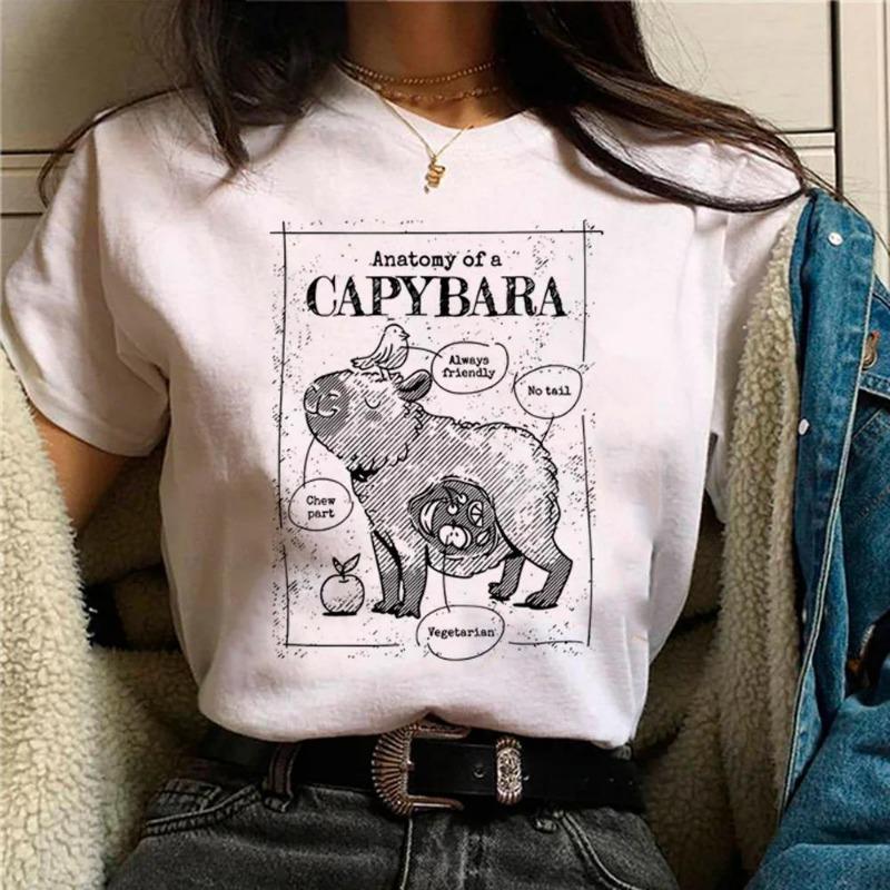 Summer Minimalist Capybara Pattern Printed Loose Round Neck Pure Cotton Short Sleeved Shirt T-Shirts Women’s