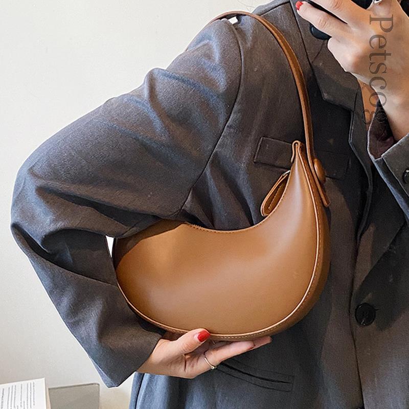 Fashion White Shoulder Bags For Women Pu Leather Solid Color Half Moon Bag Shoulder Bag Designer Lady Handbags Women Forearm Bags
