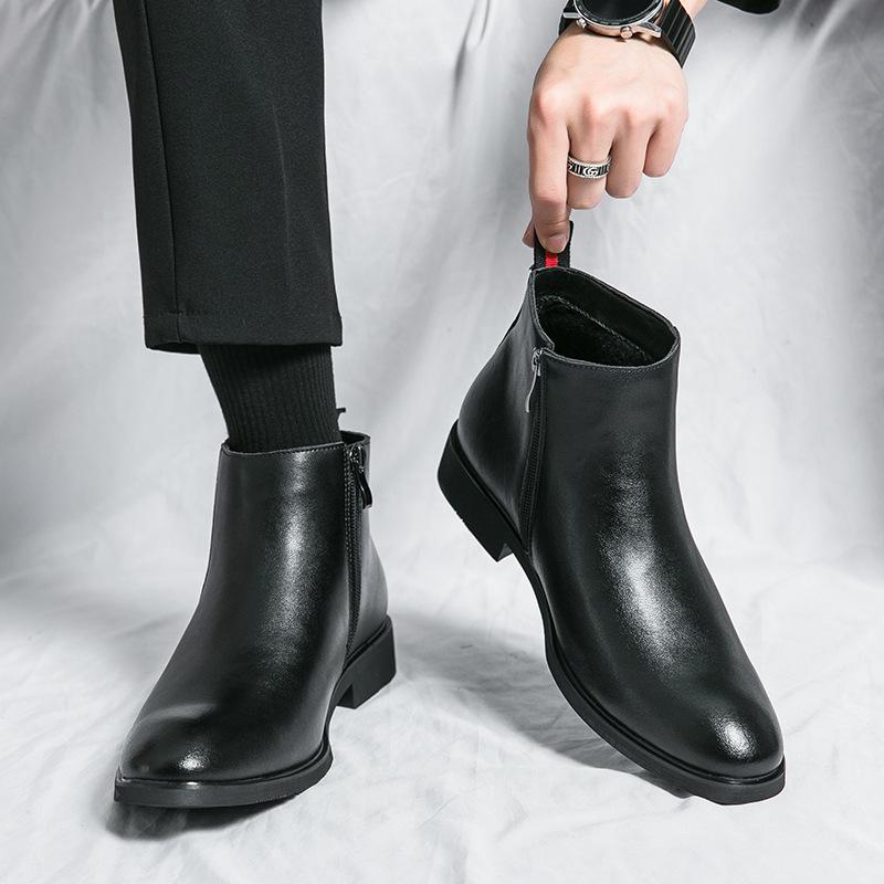 Leather Martin Boots Men's British Business Medium Top High Heel Pointed Hair Stylist Leather Shoes High Top Leather Boots