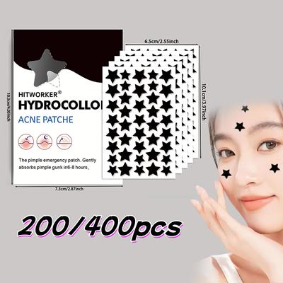 200/400 יחידות מדבקות לפצעי אקנה בצורת כוכב שחור, ללא אלכוהול, לא מגרימות גירוי, נושמות, סופגות, דקות במיוחד, אופנתיות