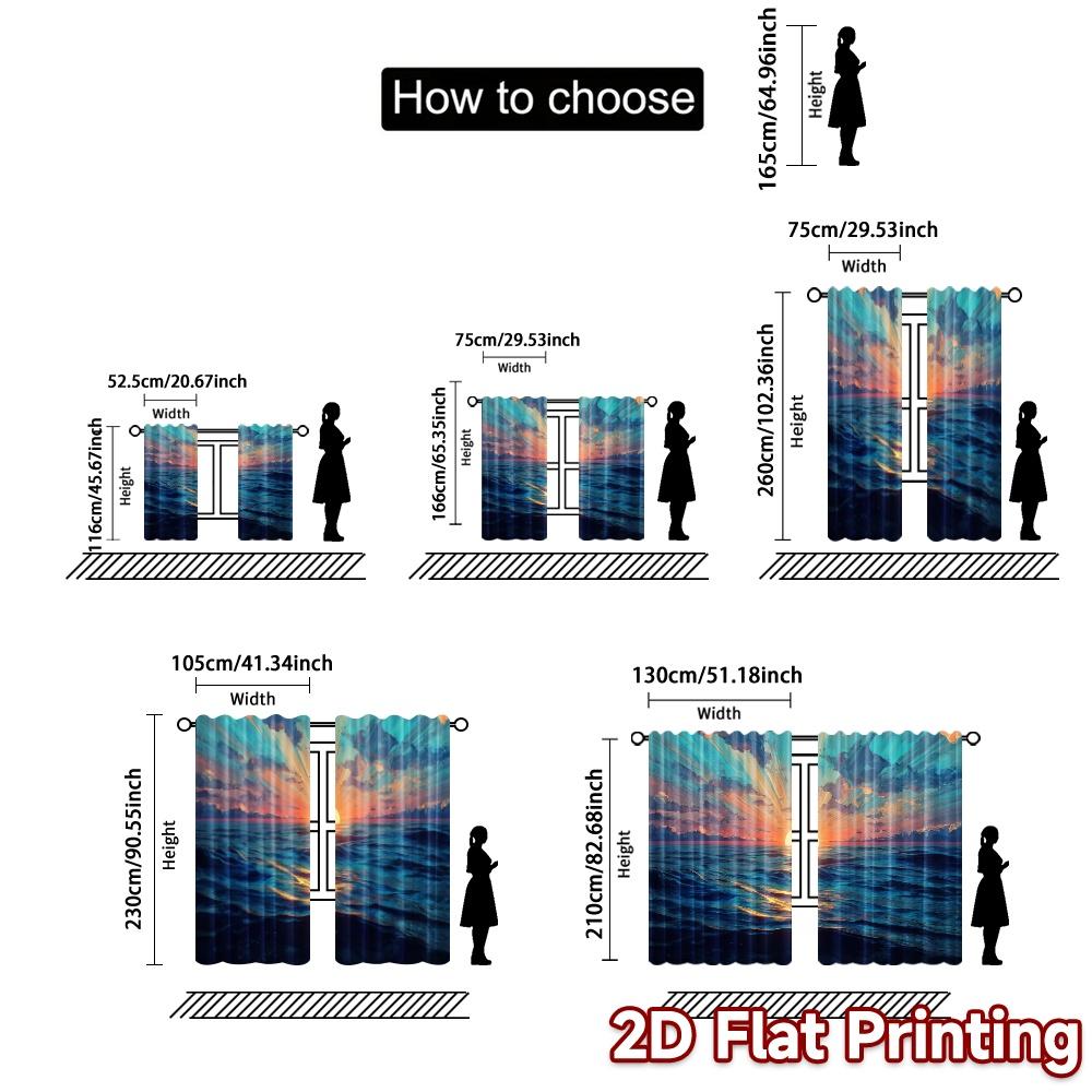 2pcs   2D FLAT PRINTING Curtains (Without Rod) Sunset Waves Pattern Popular Curtains Versatile Fabric Curtains Room Decor