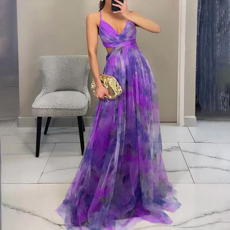 Summer V Neck Casual Party Dress Women Mesh Printed Suspender Holiday Dress