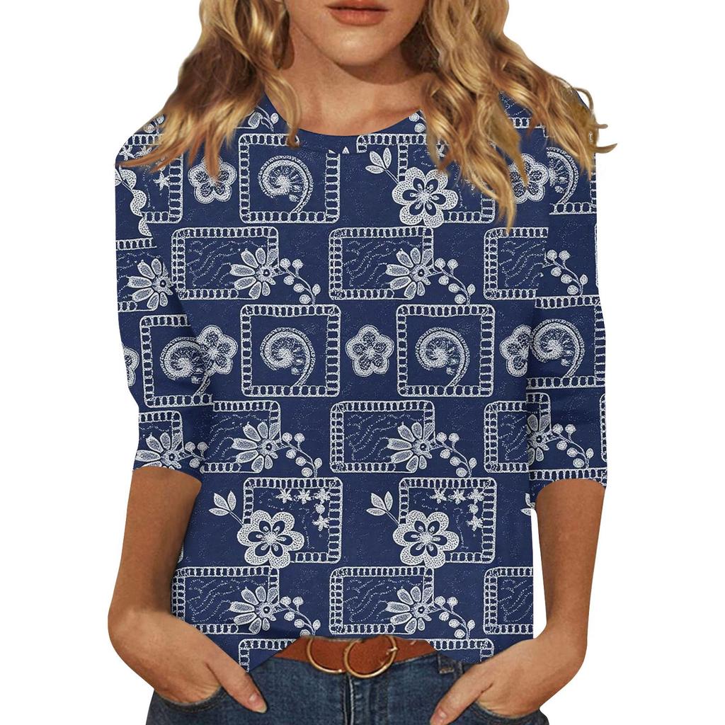 3/4 Sleeve Shirts For Women Cute Print Graphic Tees Blouses Casual Plus Size Basic Tops Pullover