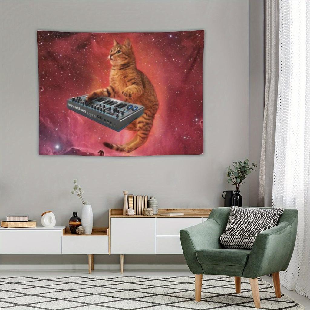 Whimsical Cat  Listening To Headphones Kitten Design Tapestry Room Decoration Home Decor Bedroom Wall Hanging Fabric