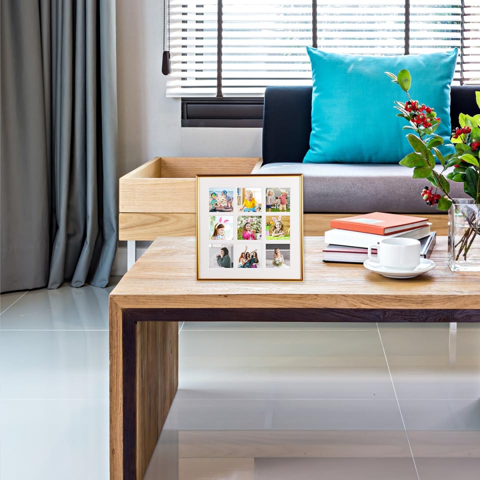 NUOLUX Wall-Mounted Photo Frame, Multi-Faced, Holds 9 Photos, Square, for Interior Decor, Office, Wall-Mounted, or Tabletop Use, Gold