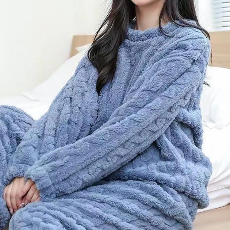 Warm Velvet Ribbed Fleece Pajama Set 2 Piece Women Autumn Pullover And Pants Casual Thicken Lounge Wear