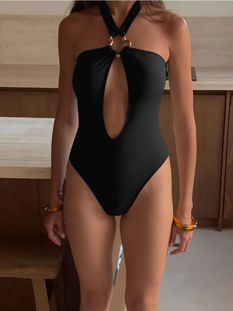 Bikini Sexy de Color Sólido con Aberturas y Cuello Halter para Mujer, Moda Elegante, Traje de Baño para Vacaciones en la Playa