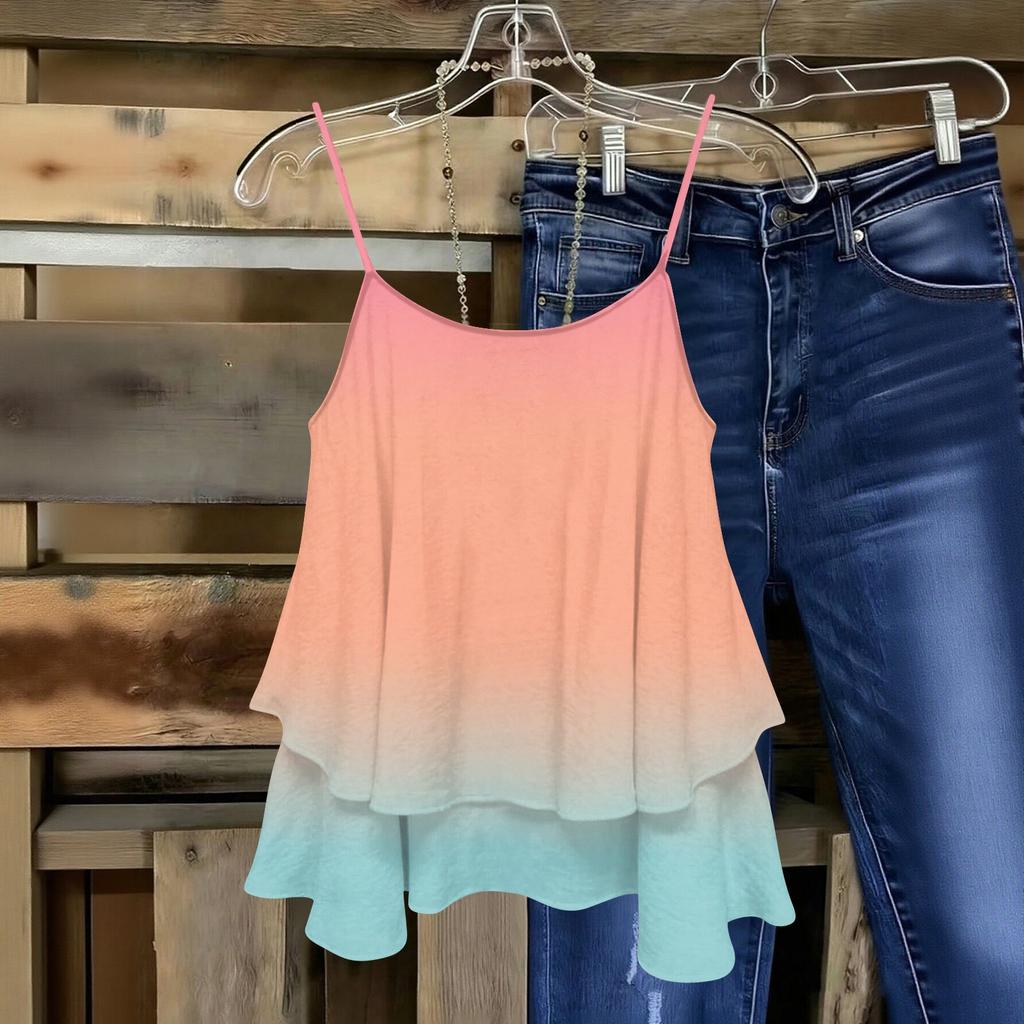 Women's Sleeveless Double Layer Spaghetti Strap Top Gradient Print Casual Summer Blouse Lightweight Loose Fit Tank Top for Daily Wear
