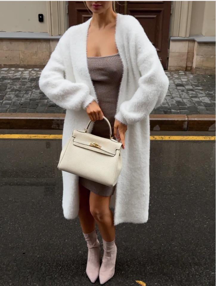 Extralanger flauschiger Nerz-Kaschmir-Cardigan - Weicher weißer Strickpullover für Herbst/Winter 2025, Übergröße verfügbar