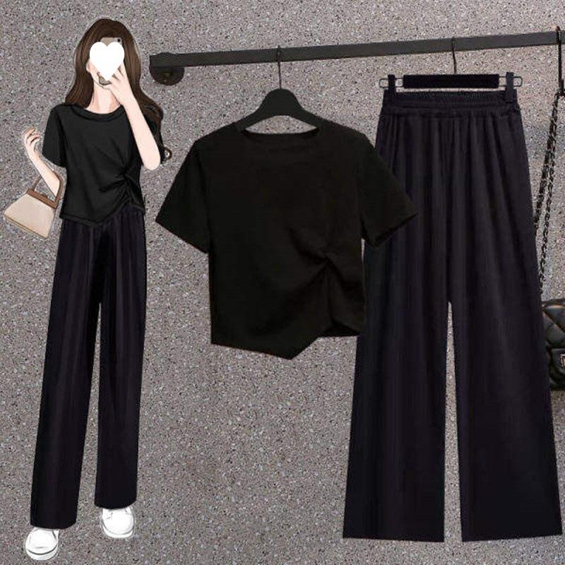 Korean Irregular Short Shirt Women's Top Vertical Black Wide Leg Pants Two-piece Fashion Casual Suit