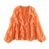 Women's V Neck Long Sleeve Ruffle Chiffon Blouse Loose Fit Lantern Cuff Single Breasted Flowy Shirt Spring Casual Top