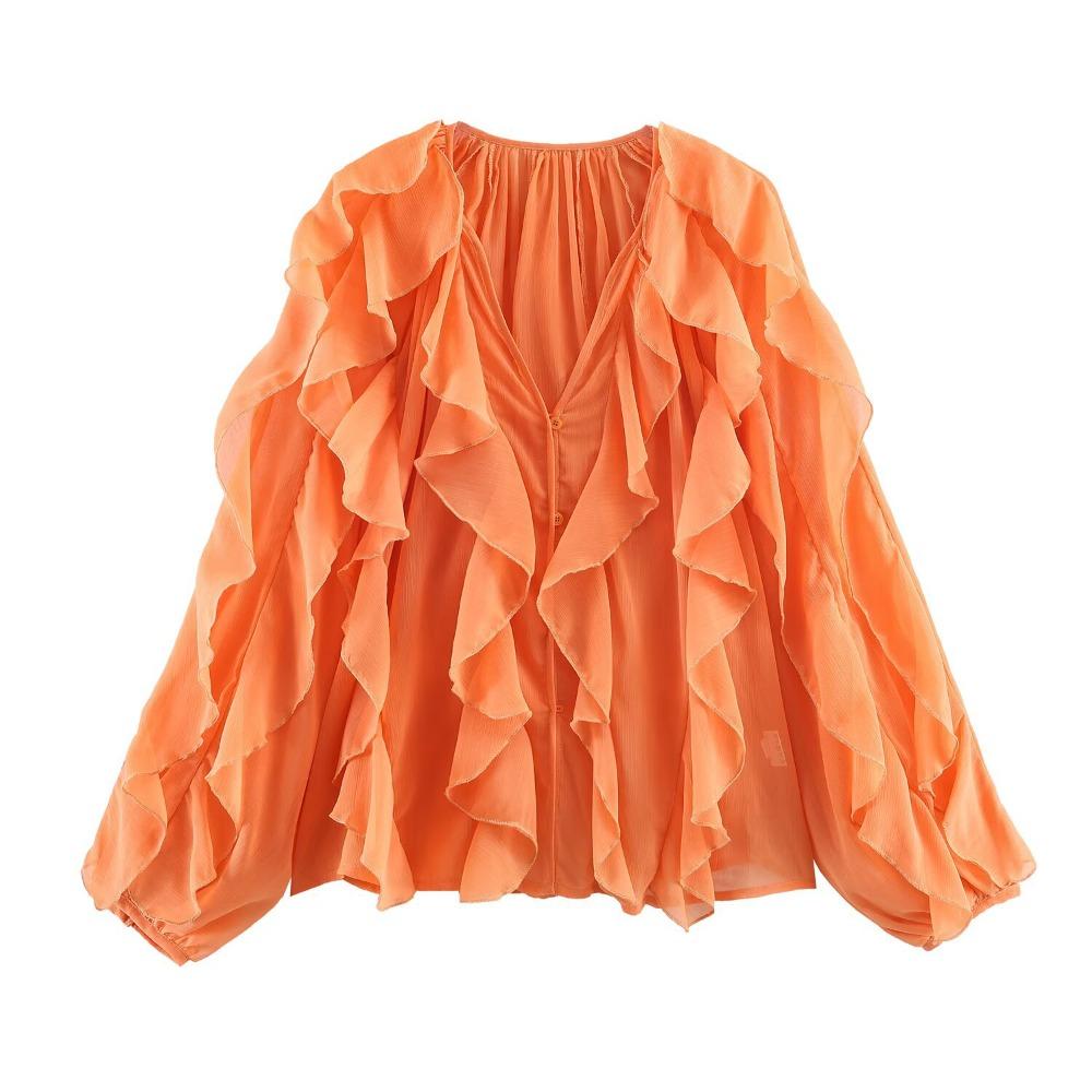 Women's V Neck Long Sleeve Ruffle Chiffon Blouse Loose Fit Lantern Cuff Single Breasted Flowy Shirt Spring Casual Top