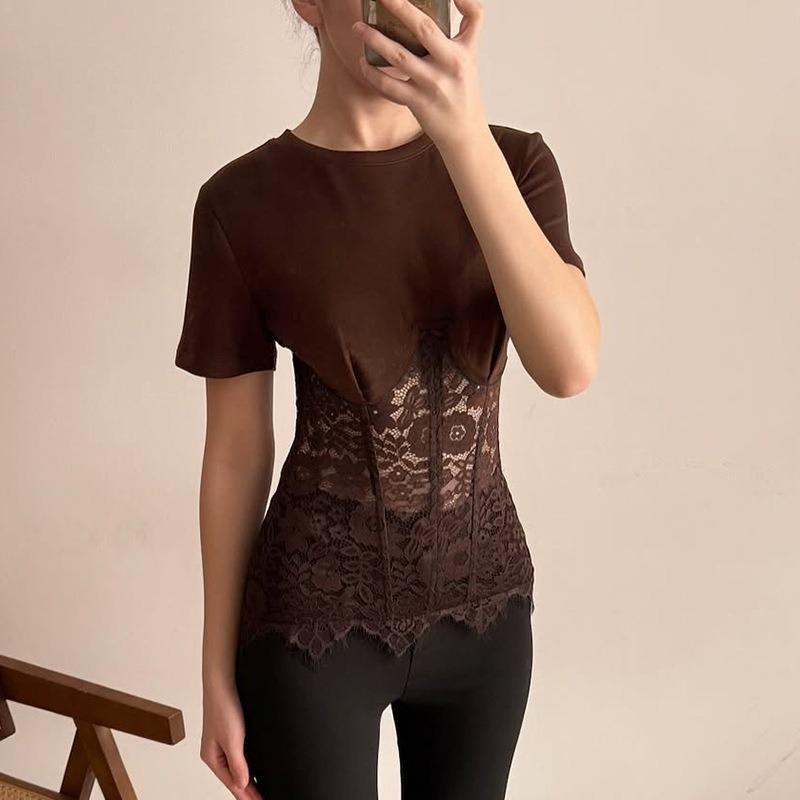 Nuovo Top Corto Estivo da Donna Sexy con Scollo Rotondo, Pizzo Trasparente e Inserti