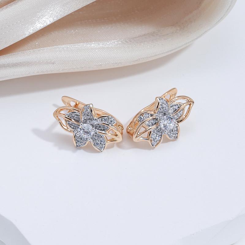 Kinel Rose Gold Color Flower Shape Stud Earrings For Women Silver Plated Zircon Wedding Earring