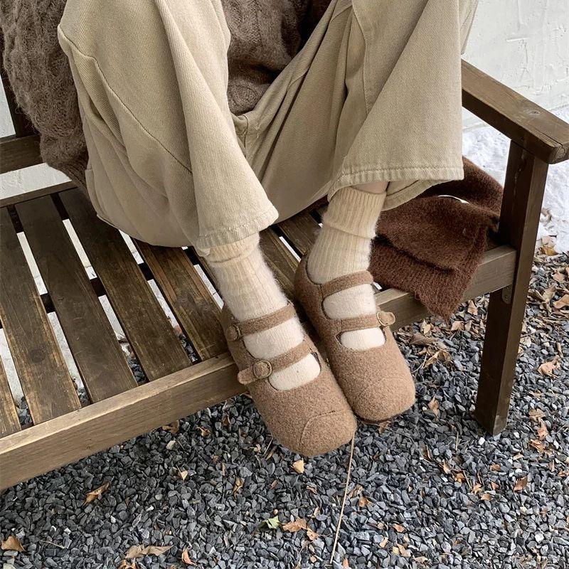 Fashion IPPEUM Women Mary Janes Shoes Winter Ballet Flats Plush Buckle Ballerinas Zapatos Mujer
