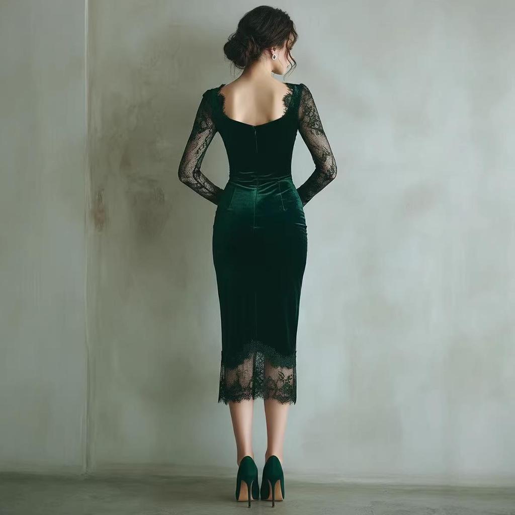 Elegant French Velvet Lace-Cinched Dress - Romantic Autumn Style