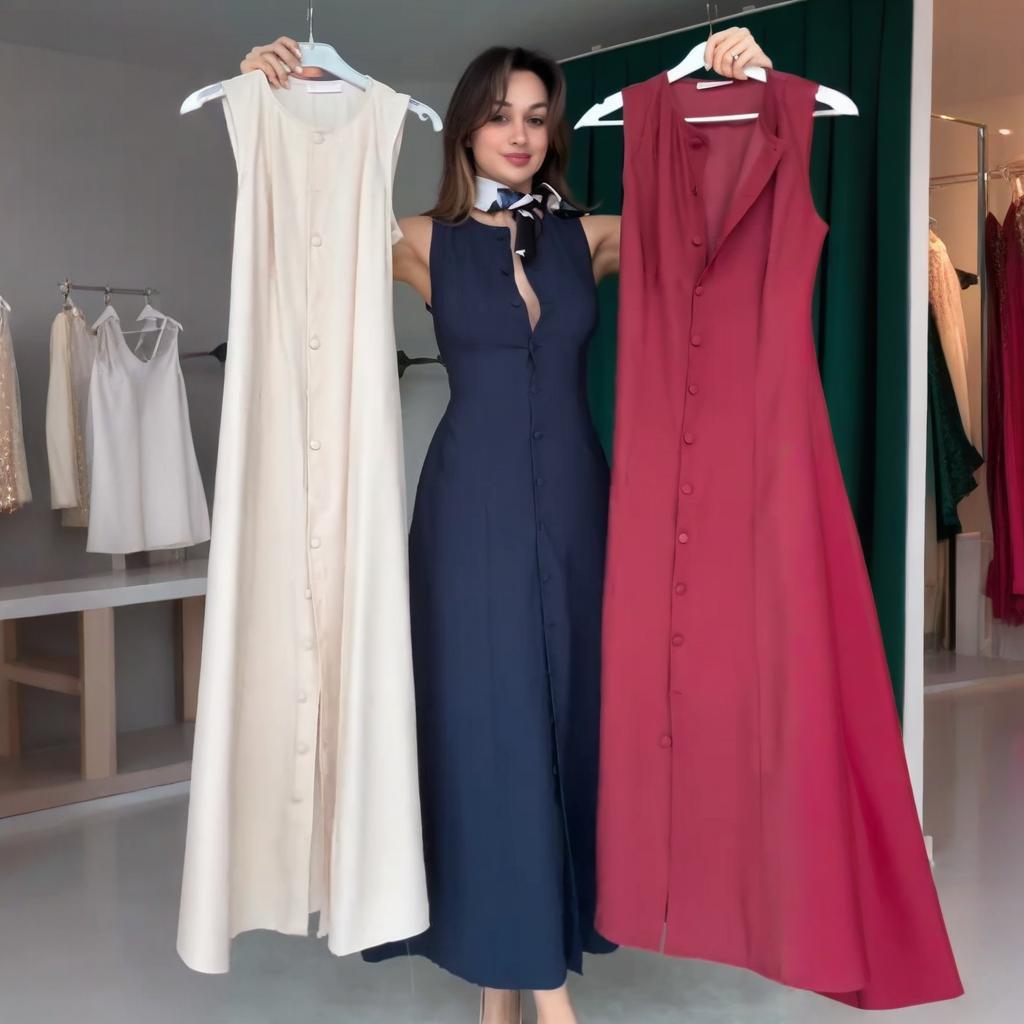 2025 Summer European & American Round Neck Button Sleeveless Slit Sexy Slim Fit Dress