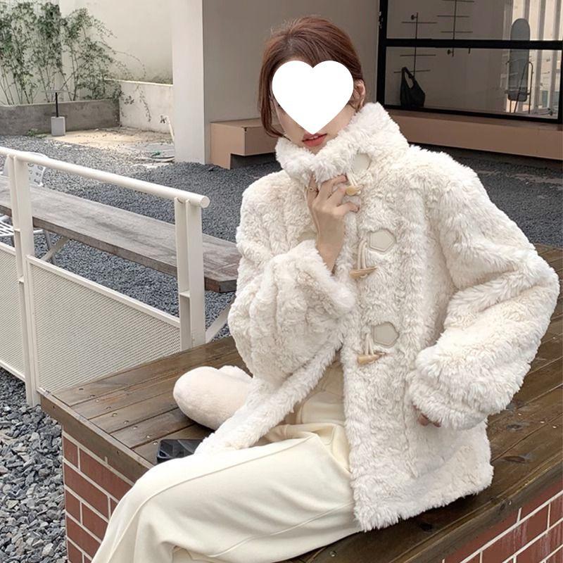 Women s Windproof Faux Fur  Leather Horn-Buckle Jacket, Thickened Lambswool for Autumn/Winter 2025 S 85-102 lbs