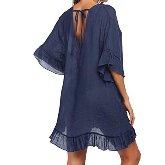 Bikini Cover Up Ruffles V Neck Ladies Elegant Pure Color Sundress for Beach